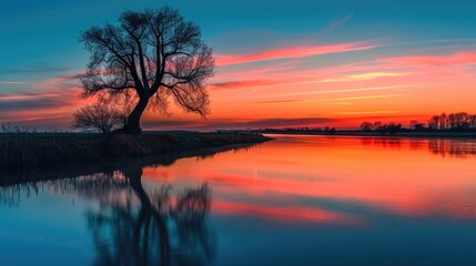Fototapeta premium Colorful sunset with tree silhouette and river reflection in rural evening landscape