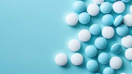 Blue and white pills on a simple backdrop with space for text or design top down view