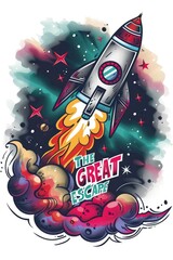 old school tattoos and metalcore asthetics with thick bold black outlines. The design features a cartoon like rocket shooting through space and the phrase "THE GREAT ESCAPE" - generative ai