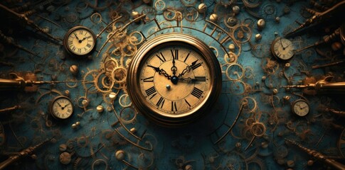 Naklejka premium time background with a clock and various clocks, including a round clock, a gold clock, and a black hand, set against a wall