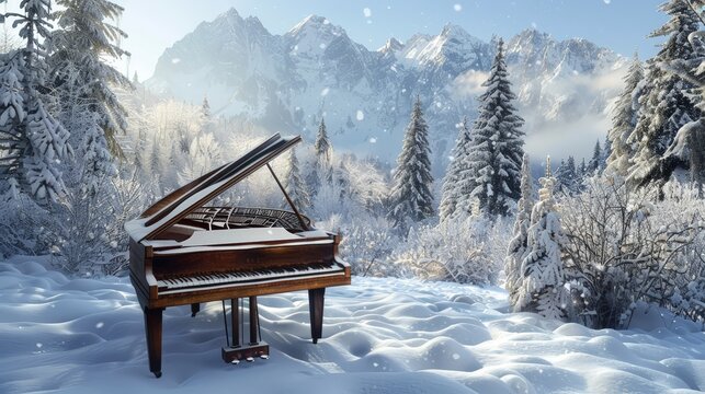 Create an image of a grand piano in a snowy landscape, perhaps in a mountain cabin or open field. Emphasize the contrast between the cold, white snow and the rich, warm tones of the piano.