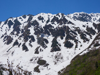 初夏の観光名所立山黒部アルペンルートの黒部平展望台から見た北アルプス山脈の壮大な風景