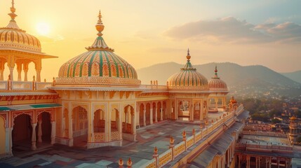 Obraz premium Beautiful palace with intricate designs and a golden dome, sun rising in the background, raw style, detailed and vibrant