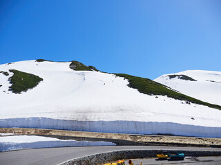 初夏の観光名所立山黒部アルペンルートの室堂山頂の風景と観光客の姿