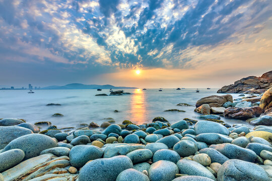 Beautiful sunrise on egg stone beach near Quy Nhon city, Vietnam