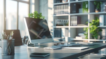 Bright and Organized Office Workspace with Desktop Computer, Notebooks, and Sunlight; Concept of Productivity and Efficiency