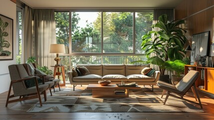 Fototapeta premium Stylish Mid-Century Modern Living Room with Tufted Sofa and Angular Armchairs in Neutral Tones
