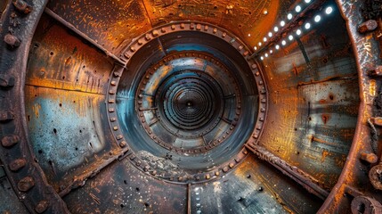 Obraz premium Close-up view inside a cooling tower flue, detailed textures of internal structures, raw industrial style, vivid and immersive
