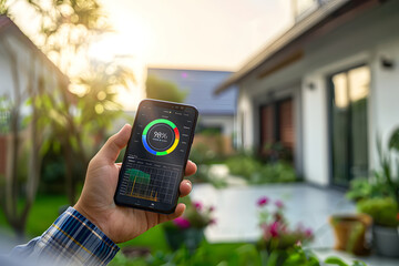 Hand holding a smartphone with a green energy monitoring app, displaying real-time data on solar power generation for homes.[A-0002]
