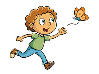 Obraz premium A whimsical illustration of curiosity represented by a child chasing a butterfly. Generative AI. 