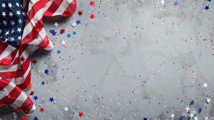 Obraz premium Happy Presidents Day banner with American flags, confetti stars ,Grosgrain ribbon, on grey background with free space in right side ,Independence Day, 
