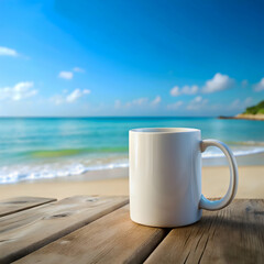 Obraz premium A Blank White Mug Mockup on a Beach Background