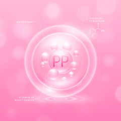 Vitamin PP solution pink and chemical structure of nicotinamide. Collagen serum hyaluronic acid moisturizer with antioxidants for brighter skin. Cosmetic beauty nutrition. Vector.