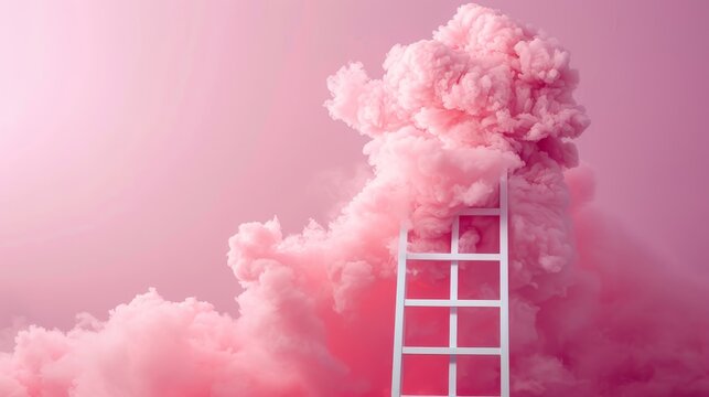 A magical pink fluffy cloud suspended in the air, with a pristine white ladder reaching up, all set against a calming pink background