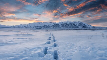 A vast, undisturbed snowy field with fresh footprints leading towards a distant mountain range, under a dramatic winter sky