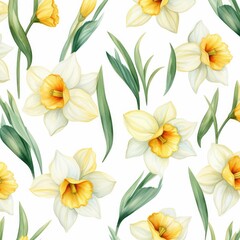 Obraz premium Daffodil background clipart with a pattern of daffodils covering the entire surface. watercolor illustration, Perfect for nursery art, simple clipart, single object, white color background.
