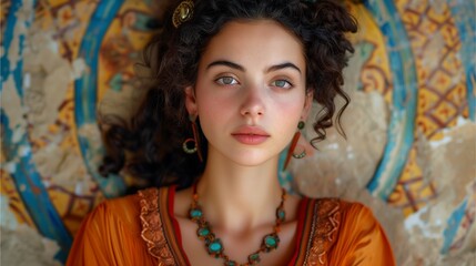 Mediterranean portrait of a woman with dark curly hair