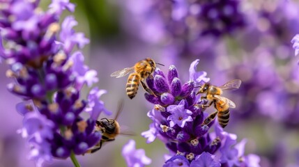 Close-up of blooming lavender, vivid purple hues with bees hovering, sharp details of petals and stems in bright sunlight, exuding freshness and calm