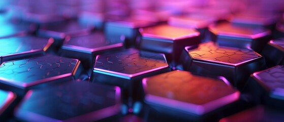 Obraz premium Hexagonal tiles with neon highlights in a futuristic grid, Scifi, Neon colors, 3D, Hightech surface