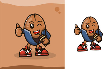 Coffee character drinking iced coffee while giving a thumbs up style mascot logo