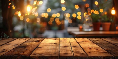 Rustic Wooden Tabletop with Blurred Bokeh Lights