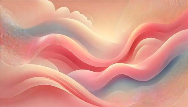 An abstract illustration featuring soft, flowing waves in shades of pink, peach, and light blue. The design is dreamlike and serene, evoking a sense of calm and tranquility