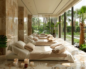 The photo shows a modern spa room with a large window looking out to a tropical garden