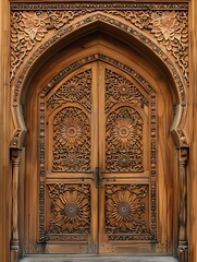 Grand Entrance: Ornate Wooden Door with Geometric and Floral Carvings