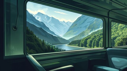 The train emerges from the darkness of a tunnel revealing a picturesque mountain range towering over a peaceful river valley.