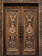 Intricate wooden doors adorned with detailed geometric and floral patterns, highlighting exceptional luxury craftsmanship.