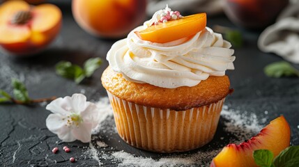 Peach Cupcake with Whipped Cream Frosting and Fresh Peach Slice Topping on Dark Textured Background Surrounded by Peach Slices