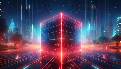 Glowing linear volumetric cube in the middle of a city 