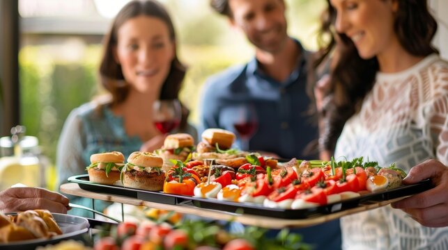 A family passing around a tray of colorful and flavorful appetizers to try.
