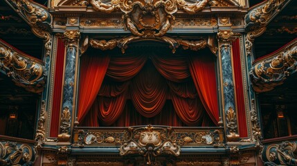 Obraz premium Exquisite opera house balcony view, with richly decorated private boxes, velvet drapes, and intricate carvings, exuding a regal atmosphere