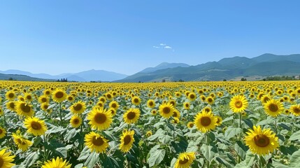 Fototapeta premium Endless sea of sunflowers in full bloom, all flowers facing the camera, against a backdrop of a clear blue sky and distant mountains
