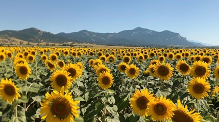 Obraz premium Endless sea of sunflowers in full bloom, all flowers facing the camera, against a backdrop of a clear blue sky and distant mountains
