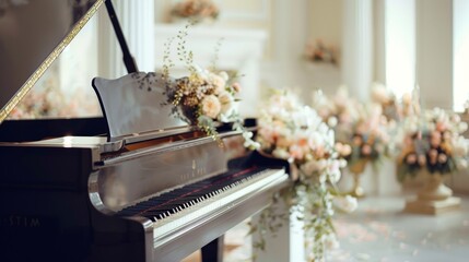 Design an image of a grand piano at a wedding venue, beautifully decorated with flowers and ribbons. Capture the joy and celebration, with the piano as a symbol of harmony and love.
