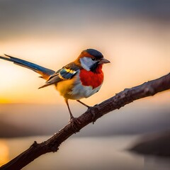a beautiful and colorful lilac roller sparrow  on branch with sunset background 