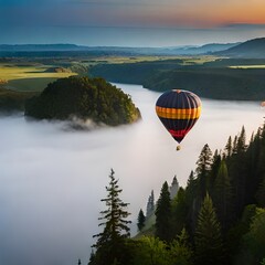 hot air balloon over lake with nature look and greenery 
