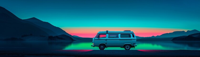 Fototapeta premium Camper van with augmented reality features displaying mountain stats, Futuristic, Blue and green tones, Digital painting, Techenhanced travel