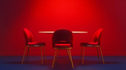 Obraz premium Dining chairs with augmented reality seating arrangement, Futuristic, Red and gold tones, Digital painting, Techenhanced dining
