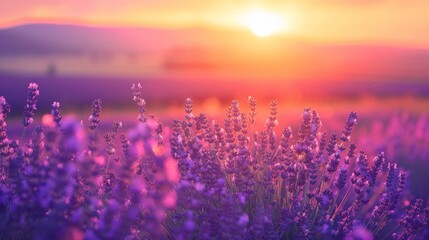 Lavender field during the golden hour, rich purple flowers glowing with a soft focus background of rolling fields and a setting sun
