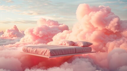 Floating bed with a pink mattress amidst pink fluffy clouds in the sky, creating a dreamy atmosphere for sweet dreams