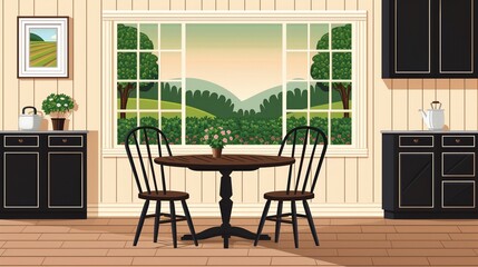 Fototapeta premium Vintage dining room with classic wooden chairs, nostalgic atmosphere, Sepia tones, Illustration, Classic style