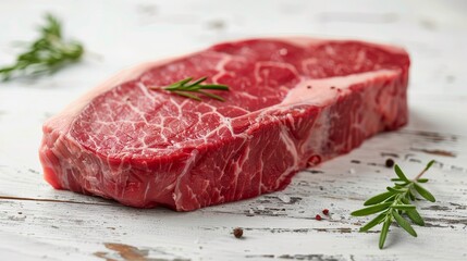 Fototapeta premium Fresh strip loin steak resting on a white wooden surface, rustic style, vintage feel, close-up shot capturing marbling detail