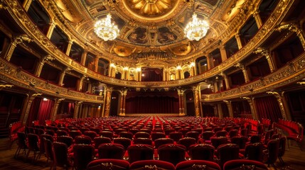 Obraz premium Grand opera house interior with luxurious red velvet seats, gold leaf detailing, and a grand chandelier, capturing the essence of opulence and history