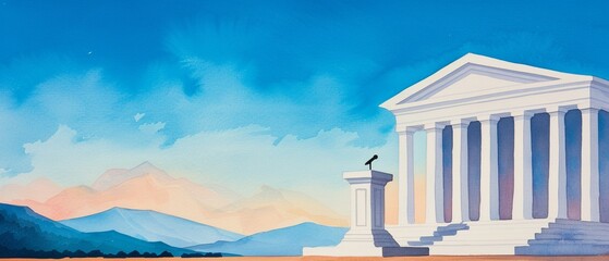 Obraz premium Watercolor sketch of a podium with a microphone in front of a government building, soft and fluid, Warm tones, Watercolor, Gentle and formal scene