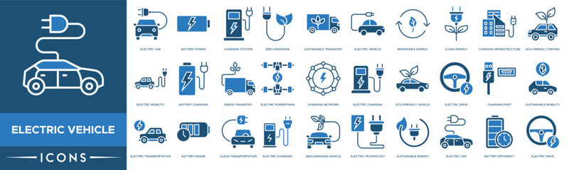 Electric Vehicle icon. Electric Car, Battery Power, Charging Station, Zero Emissions, Sustainable Transport, Electric Vehicle, Renewable Energy and Clean Energy