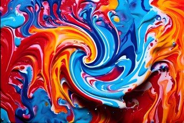 Captivating Explosion of Color: Explore a Modern Abstract Painting in Red, Yellow, and Blue with Impasto Texture and Dynamic Movement