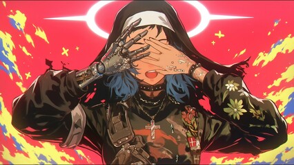 Anime Goddess Posing with Beams of Light Bright Background